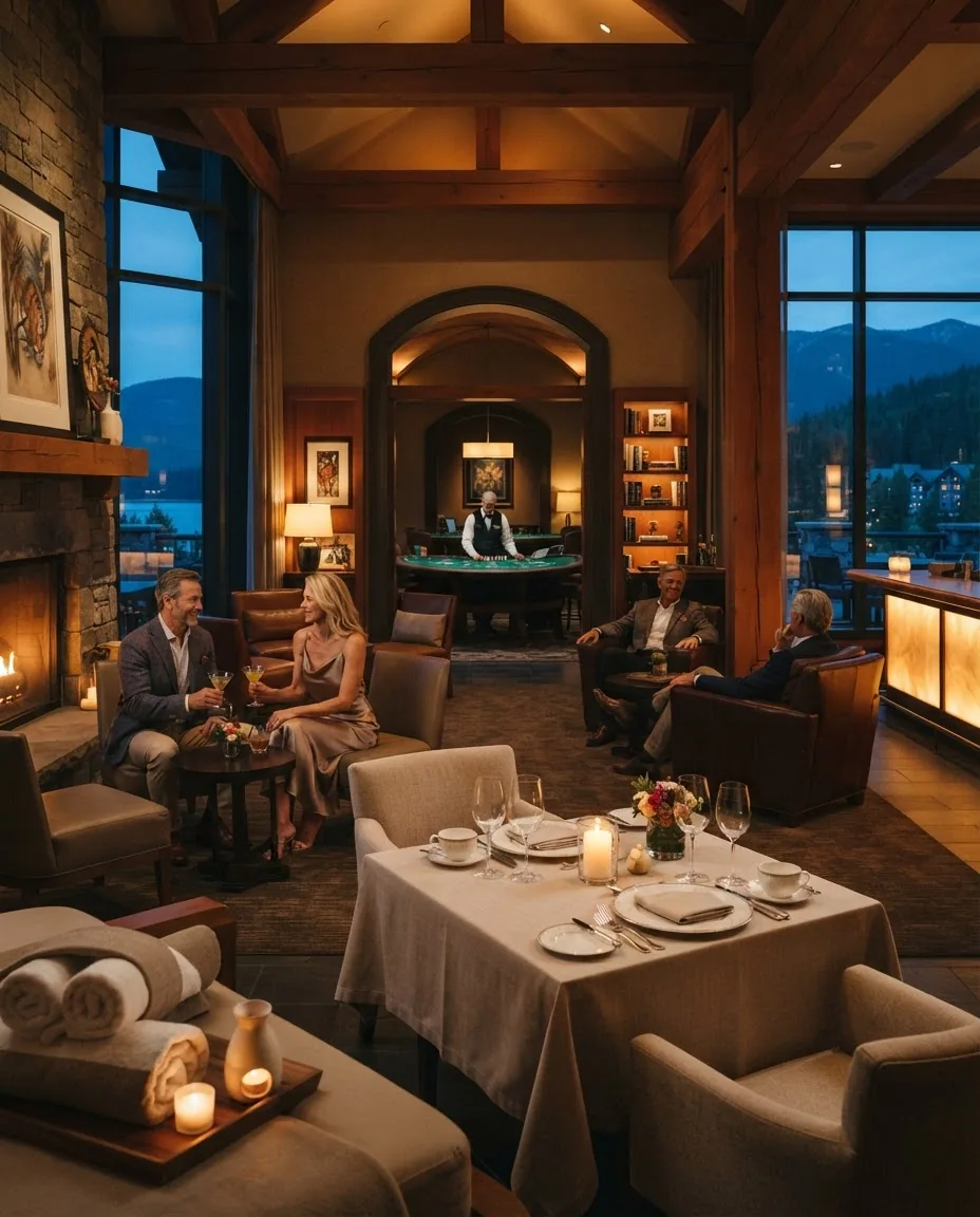 Warmly lit Aurora Crest hotel spaces prepared for an evening stay