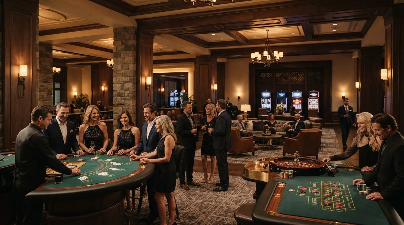 A warmly lit land-based casino floor at Aurora Crest