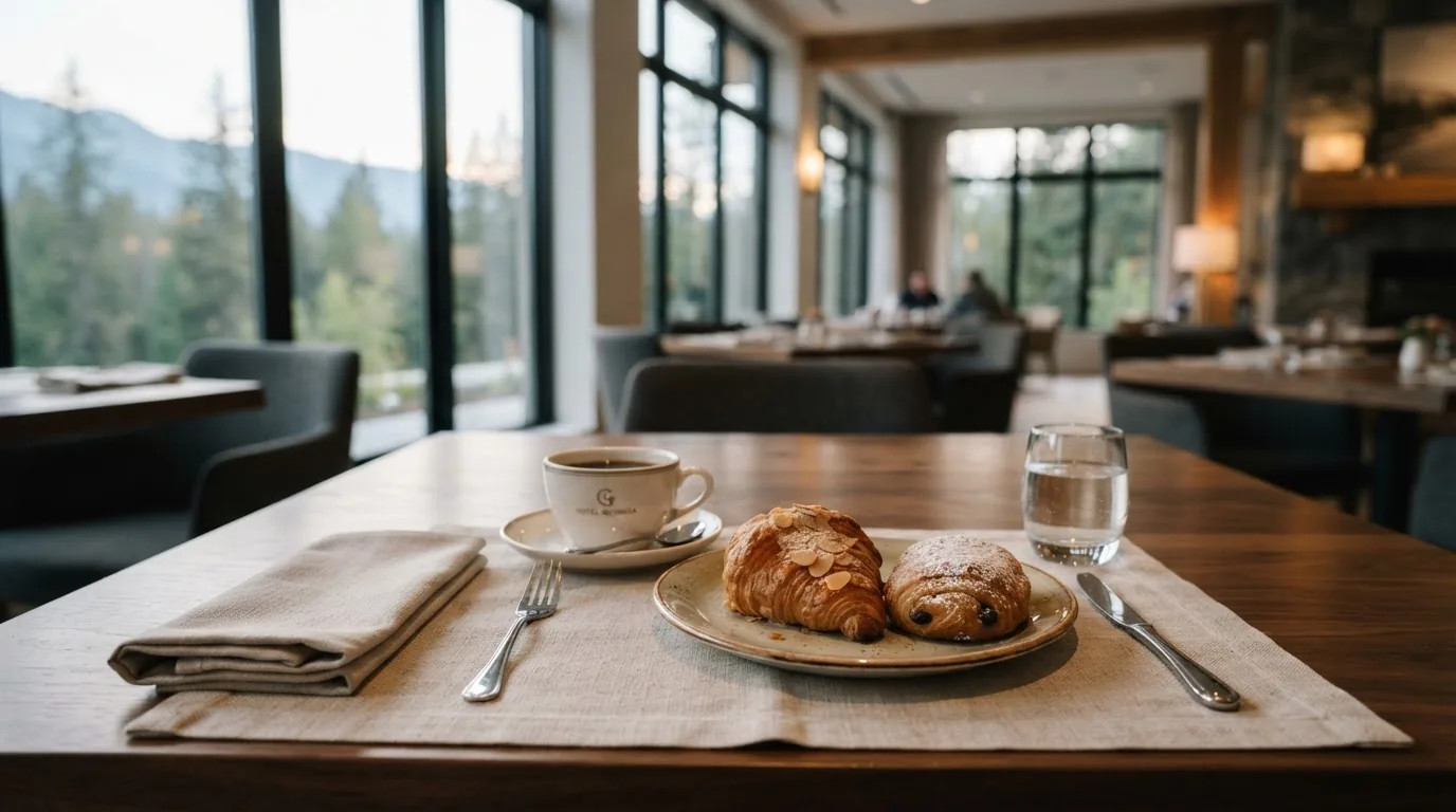 Fresh coffee and pastries at a softly lit breakfast table