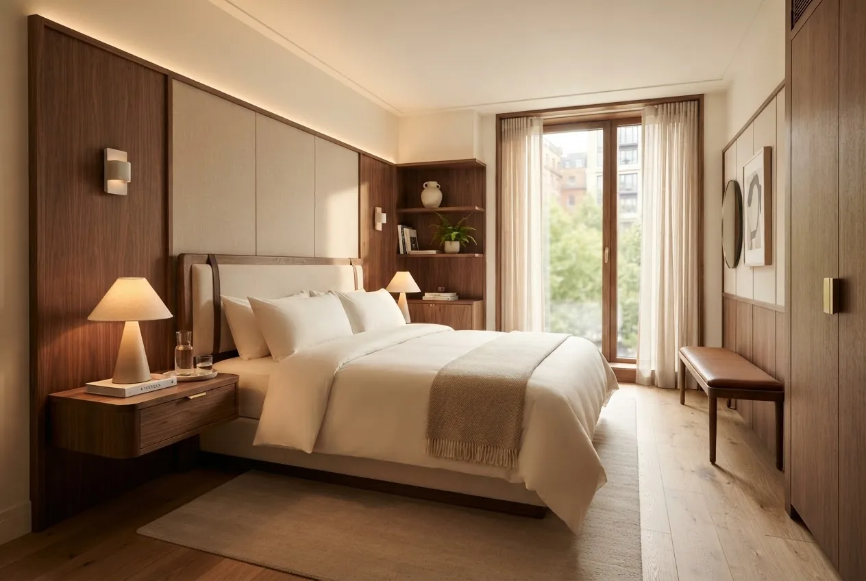 City Room with a warm wood interior, king bed and tall windows