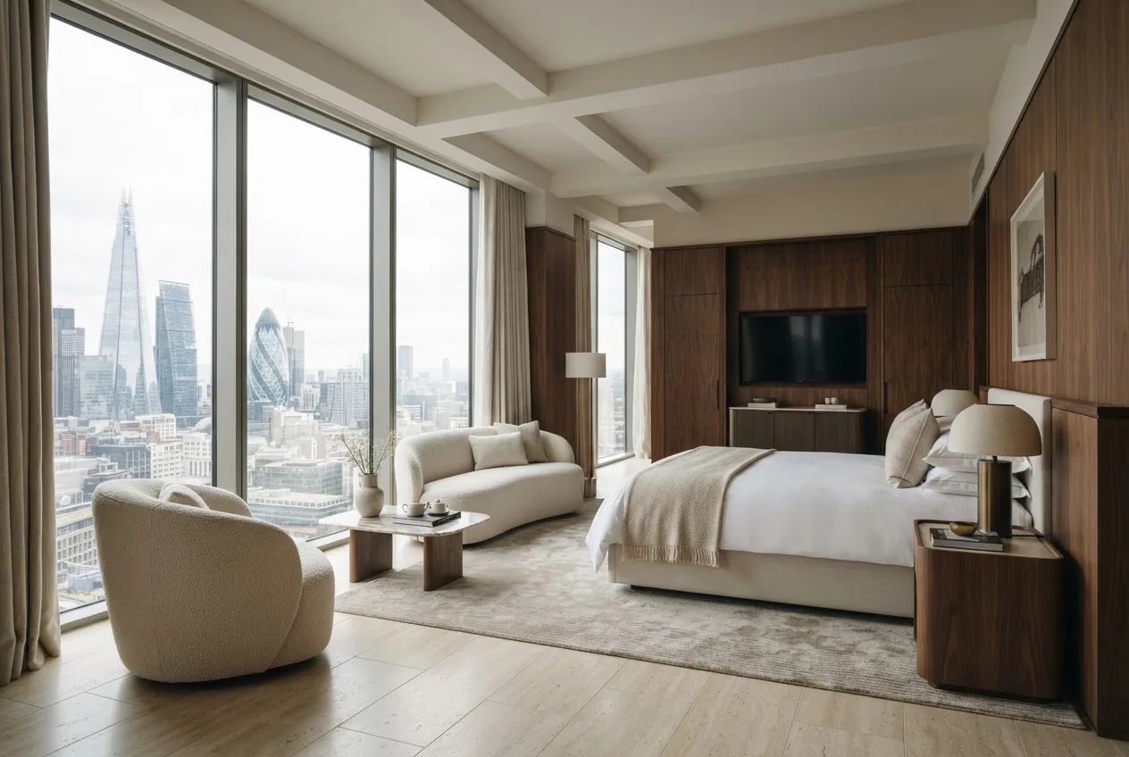 Horizon Room with city views, lounge seating and a king bed