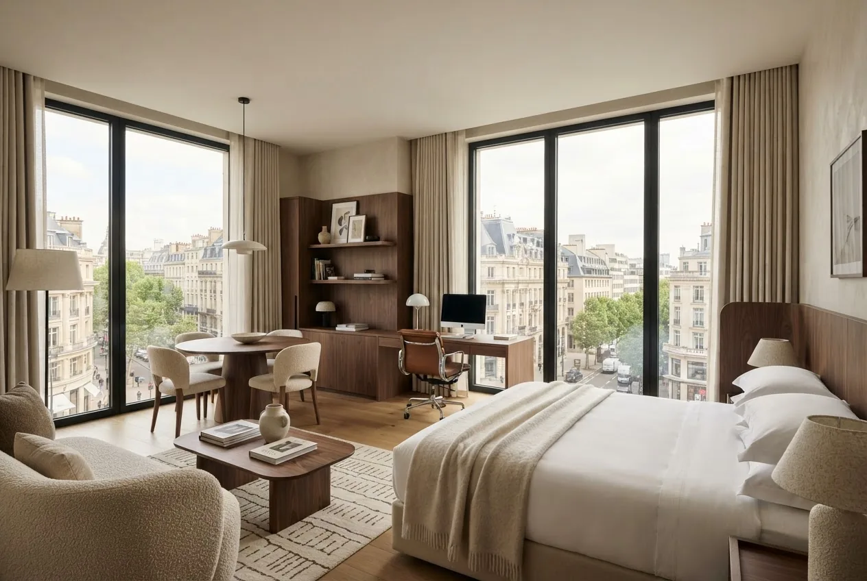 Corner Studio with generous windows, dining table and living area