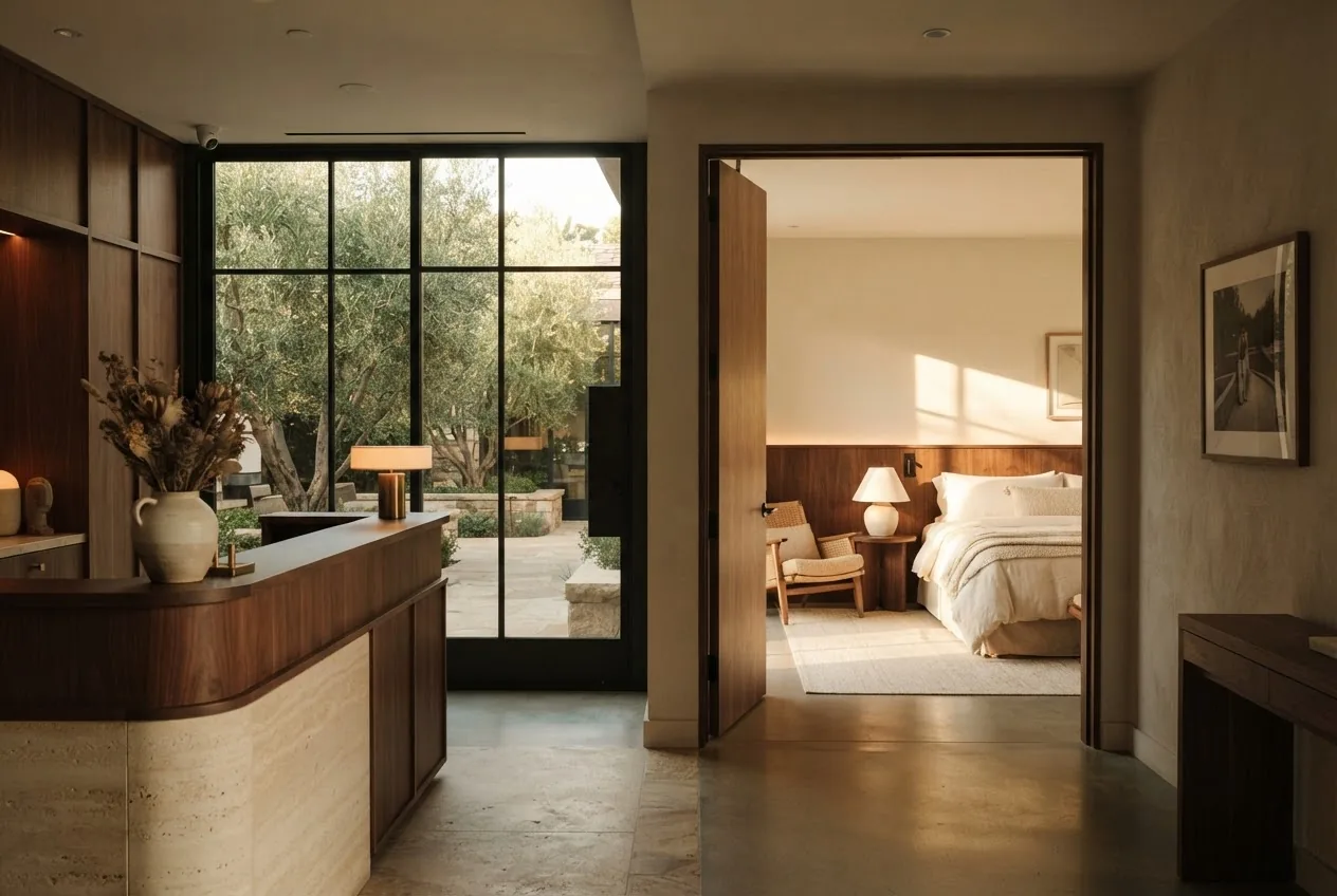 A calm contemporary Aurora Crest room ready for arrival
