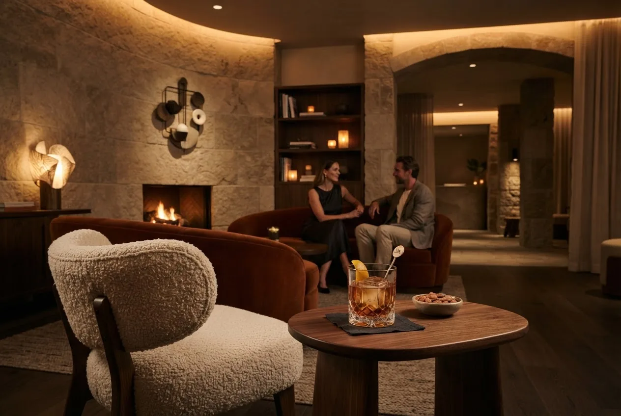 A warm Aurora Crest lounge with a quiet drink beside a fire