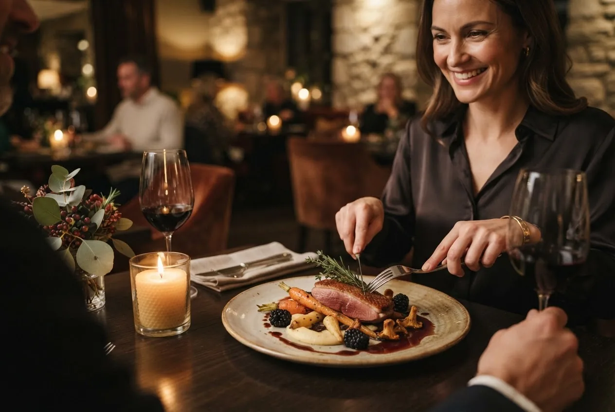 An evening dining table with seasonal food and candlelight
