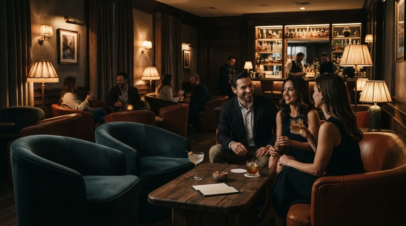 Friends sharing drinks in the Ember Lounge